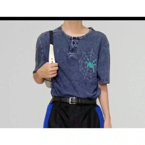 Vintage Blue Acid Wash Indigo Spider Henley T-Shirt Web y2k grunge punk alt